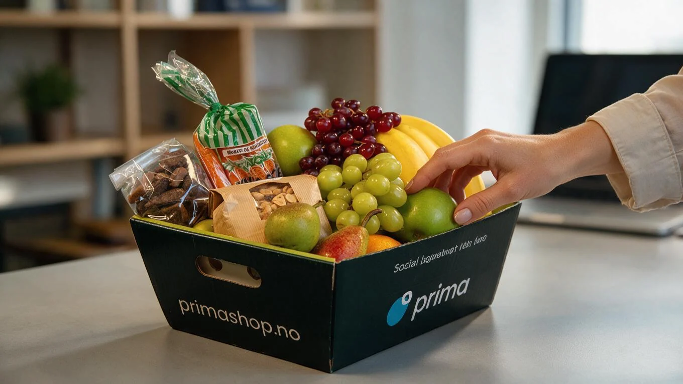 Prima-fruktkurv med fersk frukt og valgfrie tillegg på et kontorbord